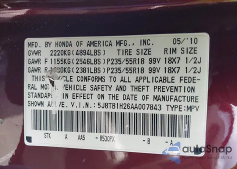 2010 Acura Rdx from USA, damaged, VIN 5J8TB1H26AA007843